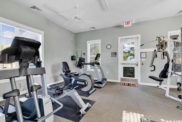 exercise room with ceiling fan and carpet