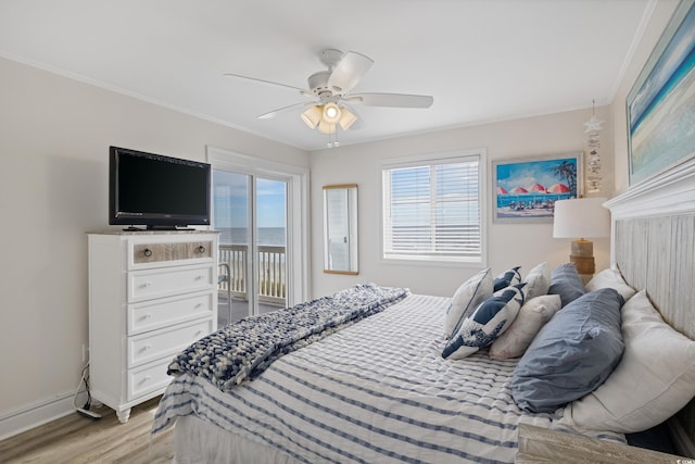 bedroom with access to outside, ceiling fan, crown molding, and light wood-type flooring