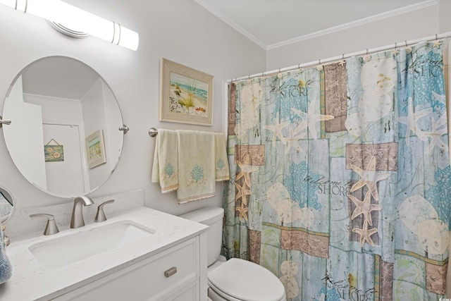 bathroom with a shower with curtain, vanity, toilet, and crown molding