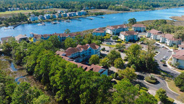 drone / aerial view featuring a water view