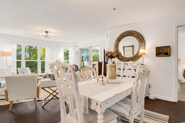 dining area with a textured ceiling, dark hardwood / wood-style floors, and a healthy amount of sunlight