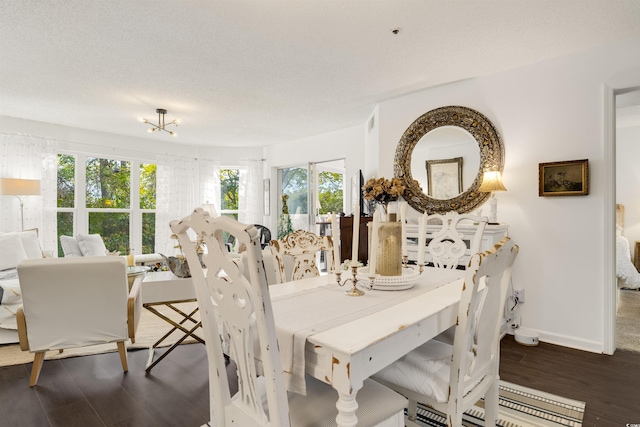 dining room featuring dark hardwood / wood-style flooring and a textured ceiling