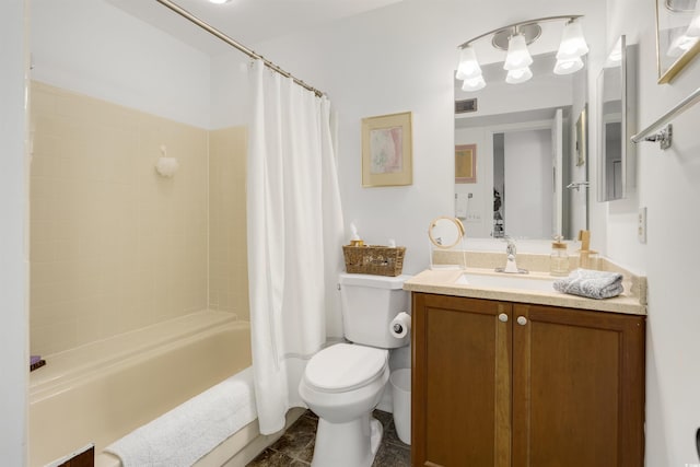 full bathroom featuring vanity, shower / bath combination with curtain, and toilet