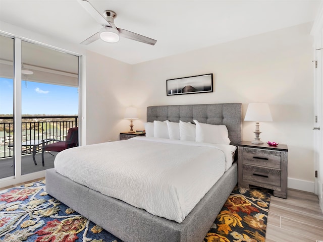 bedroom featuring access to outside, ceiling fan, and light hardwood / wood-style floors