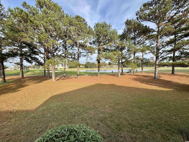 view of property's community with a lawn and a water view