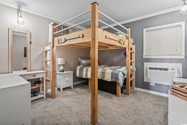 carpeted bedroom featuring ornamental molding and a wall mounted AC