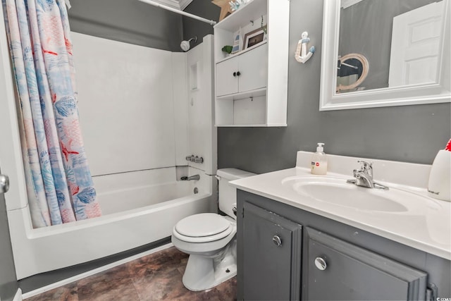 full bathroom featuring shower / bath combination with curtain, toilet, and vanity