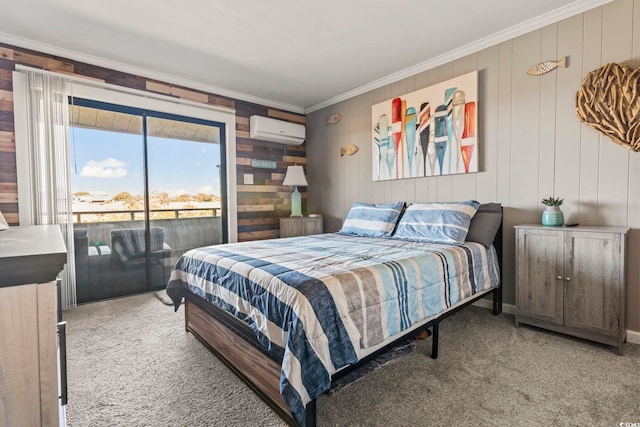 bedroom with carpet, ornamental molding, access to outside, an AC wall unit, and wood walls