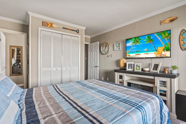 bedroom featuring a closet and ornamental molding