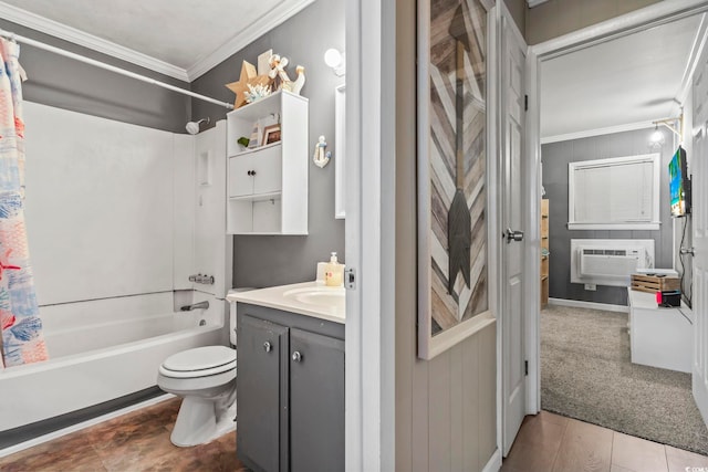 full bathroom with shower / bathtub combination with curtain, vanity, wood-type flooring, and ornamental molding