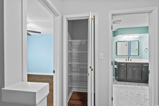 interior space featuring ceiling fan, vanity, and hardwood / wood-style flooring