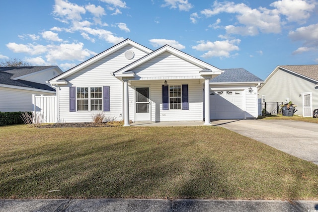 view of front facade with a porch, a garage, and a front lawn