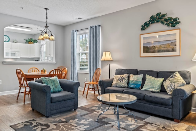 living room with a textured ceiling and hardwood / wood-style flooring