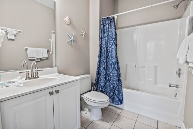 full bathroom featuring toilet, vanity, tile patterned floors, and shower / bathtub combination with curtain