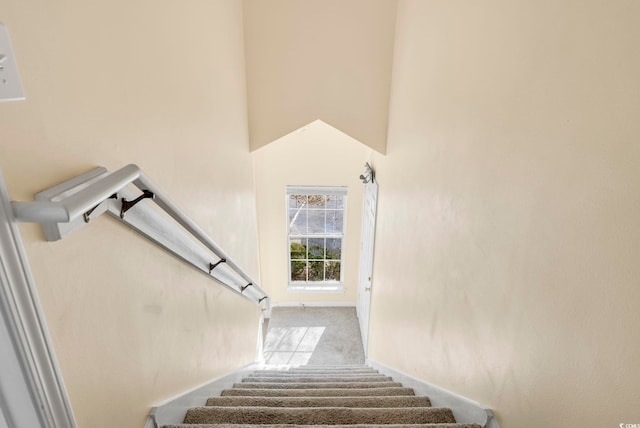 stairway featuring carpet floors and a high ceiling