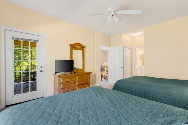 bedroom featuring access to outside, carpet flooring, a ceiling fan, and baseboards