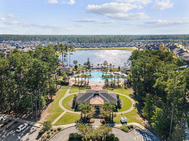 bird's eye view with a water view and a residential view