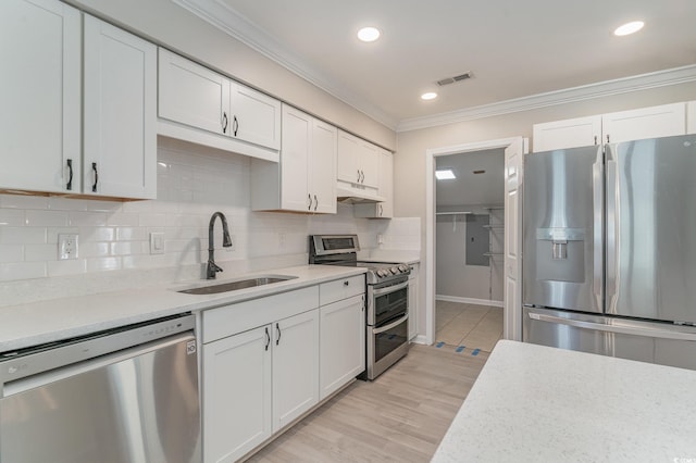 kitchen featuring appliances with stainless steel finishes, sink, decorative backsplash, and white cabinets