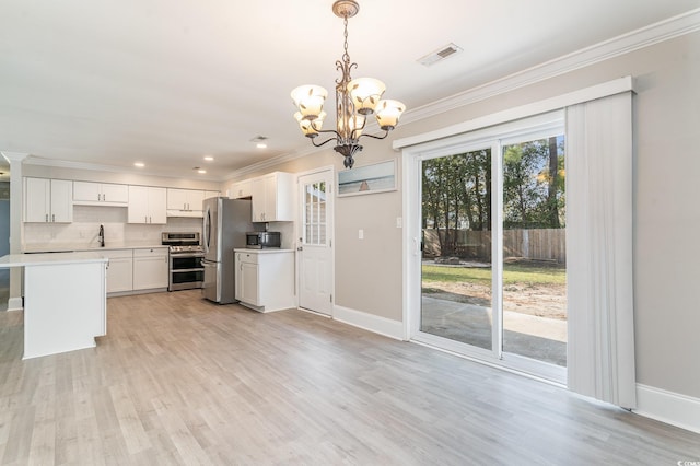 kitchen with stainless steel appliances, white cabinetry, hanging light fixtures, and decorative backsplash