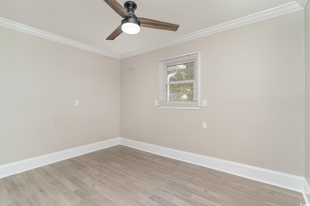 empty room with crown molding, ceiling fan, and light wood-type flooring