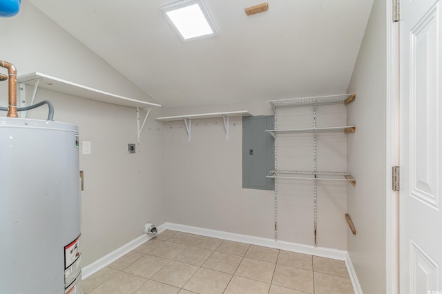 laundry room with electric panel, light tile patterned floors, water heater, and electric dryer hookup