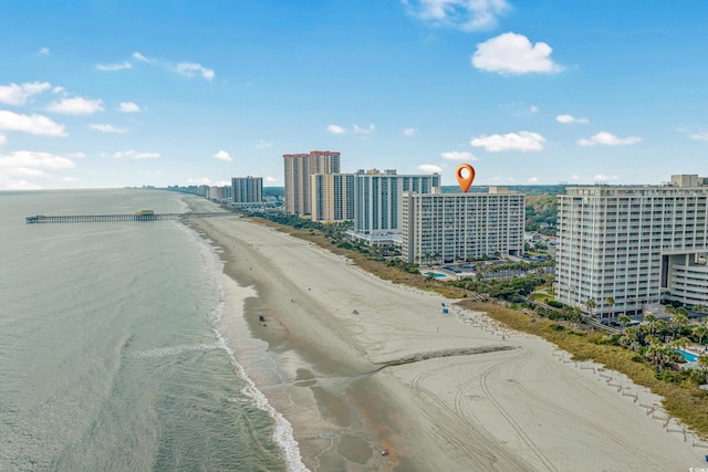 drone / aerial view with a water view and a view of the beach