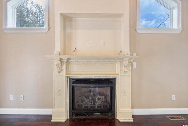 room details featuring a glass covered fireplace, visible vents, baseboards, and wood finished floors