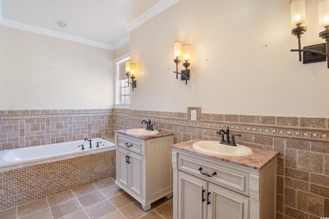 bathroom with two vanities, a sink, tile patterned flooring, and crown molding