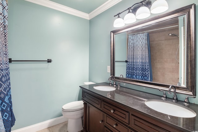 full bath featuring double vanity, ornamental molding, toilet, and a sink