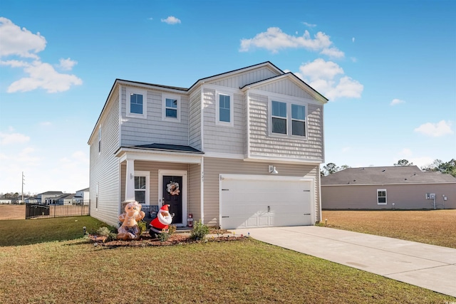 view of front facade with a garage and a front lawn