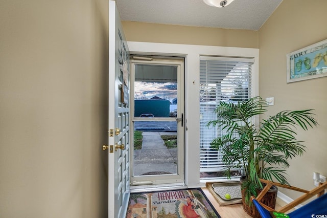 doorway with hardwood / wood-style floors and a textured ceiling