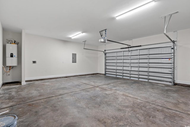 garage with a garage door opener, electric panel, and water heater