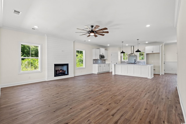 unfurnished living room featuring ceiling fan, crown molding, dark wood-type flooring, sink, and a fireplace