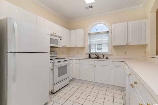 kitchen with white cabinetry, sink, crown molding, and white appliances