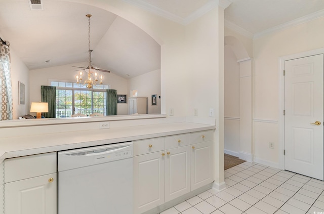 kitchen featuring lofted ceiling, white dishwasher, white cabinets, crown molding, and light tile patterned floors