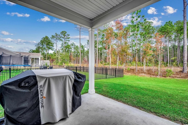 view of patio / terrace with a grill and a trampoline