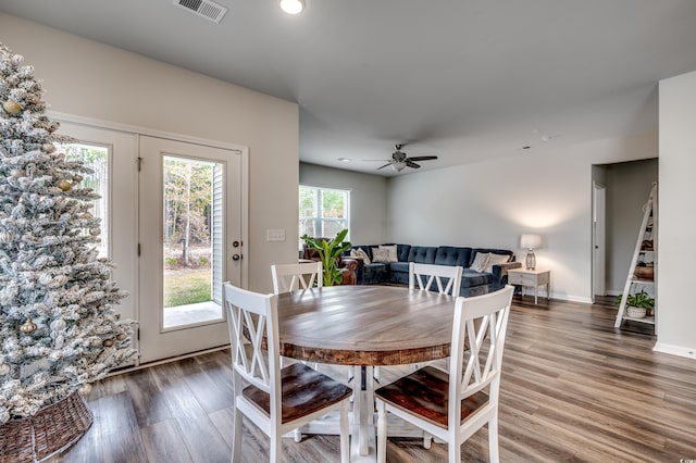 dining area with ceiling fan and wood-type flooring