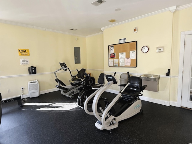 gym with electric panel and ornamental molding