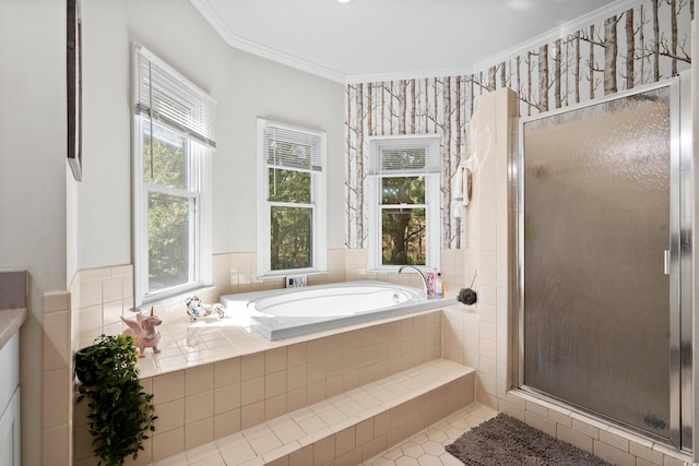 bathroom with shower with separate bathtub, tile patterned floors, and ornamental molding