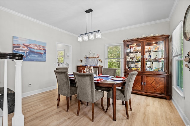 dining room featuring light hardwood / wood-style floors and ornamental molding