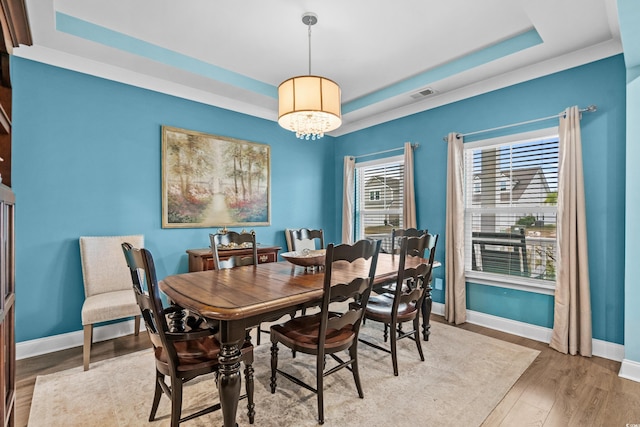 dining room featuring a raised ceiling and light wood-type flooring