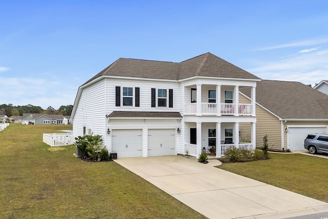 view of front of house with a balcony, covered porch, a front yard, and a garage