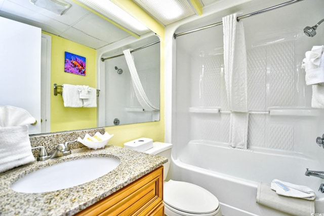 full bathroom with vanity, toilet, and shower / bathtub combination with curtain