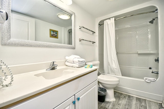 full bathroom featuring toilet, vanity, shower / bath combo, and hardwood / wood-style flooring