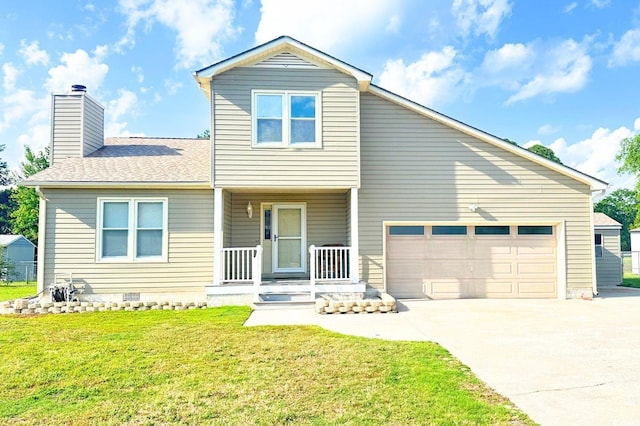 view of front of property with covered porch, a garage, and a front lawn