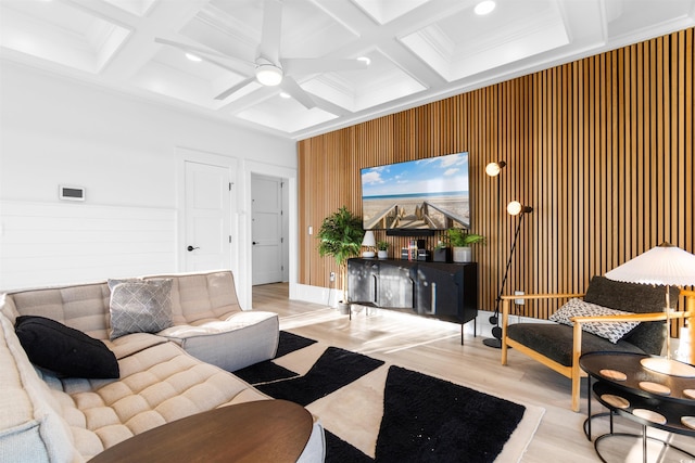 219 S Seaside Dr, Surfside Beach, SC 29575 - living room with wood finished floors, coffered ceiling, a ceiling fan, beam ceiling, and wooden walls