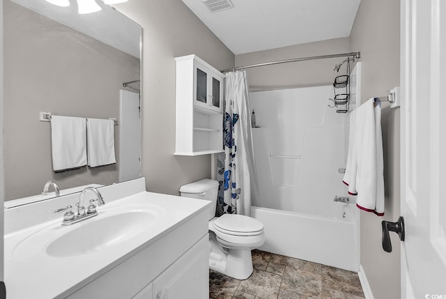 full bathroom with a textured ceiling, vanity, toilet, and shower / bathtub combination with curtain