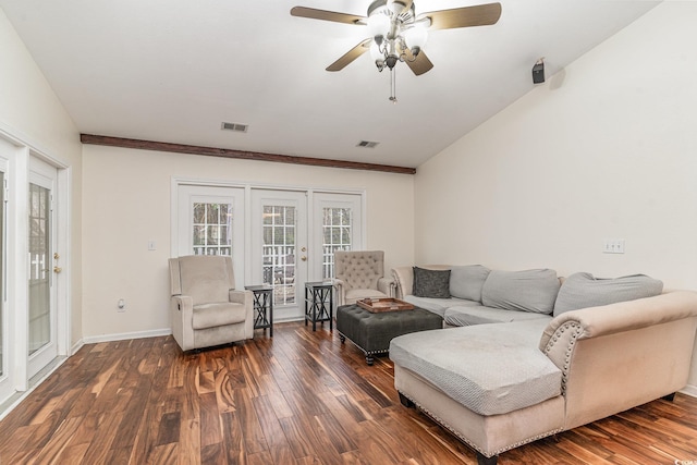 living room with ceiling fan, dark hardwood / wood-style flooring, and french doors