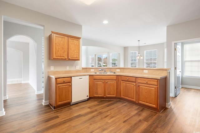 kitchen with white dishwasher, sink, decorative light fixtures, dark hardwood / wood-style flooring, and a chandelier