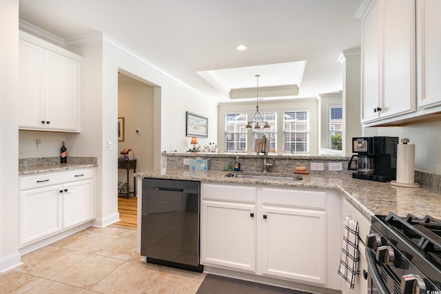 kitchen featuring dishwasher, white cabinets, sink, light stone countertops, and stainless steel range oven